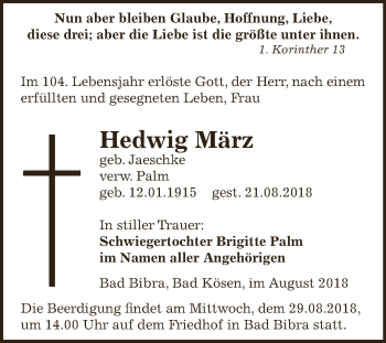 Traueranzeige von Hedwig März von WVG - Wochenspiegel NMB / WSF / ZTZ