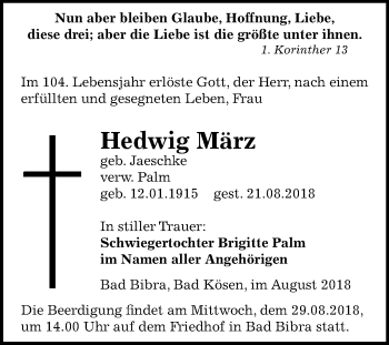 Traueranzeige von Hedwig März von Mitteldeutsche Zeitung