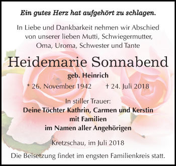 Traueranzeige von Heidemarie Sonnabend von Mitteldeutsche Zeitung