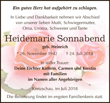 Traueranzeige von Heidemarie Sonnabend von Super Sonntag Zeitz