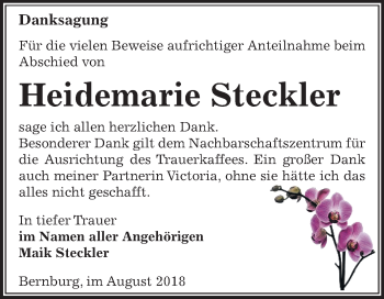 Traueranzeige von Heidemarie Steckler von Mitteldeutsche Zeitung Bernburg