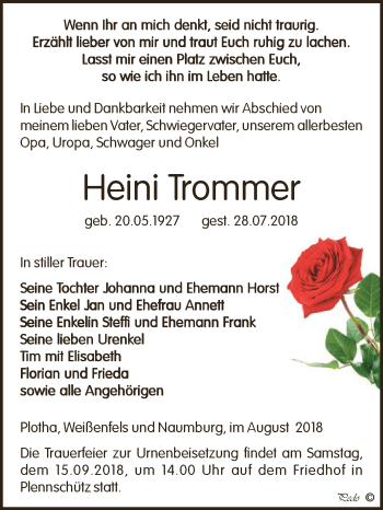 Traueranzeige von Heini Trommer von WVG - Wochenspiegel NMB / WSF / ZTZ