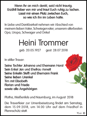 Traueranzeige von Heini Trommer von Mitteldeutsche Zeitung Weißenfels