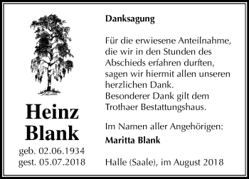 Traueranzeige von Heinz Blank von Mitteldeutsche Zeitung Halle/Saalkreis