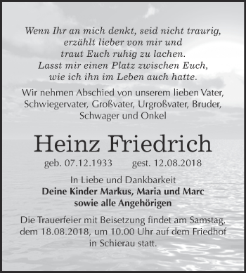 Traueranzeige von Heinz Friedrich von WVG - Wochenspiegel Bitterfeld