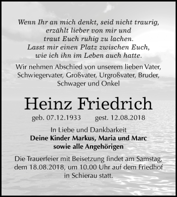 Traueranzeige von Heinz Friedrich von Mitteldeutsche Zeitung Bitterfeld