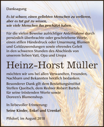 Traueranzeige von Heinz-Horst Müller von WVG - Wochenspiegel Dessau / Köthen