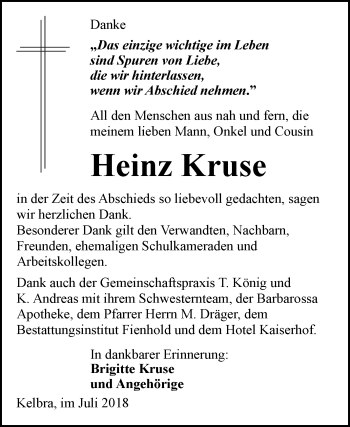 Traueranzeige von Heinz Kruse von Mitteldeutsche Zeitung Sangerhausen