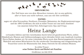 Traueranzeige von Heinz Lange von Wochenspiegel Mansfelder Land