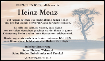 Traueranzeige von Heinz Menz von Mitteldeutsche Zeitung Quedlinburg