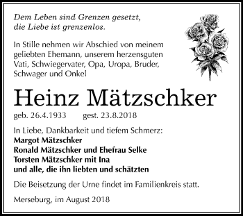 Traueranzeige von Heinz Mätzschker von Mitteldeutsche Zeitung Merseburg/Querfurt