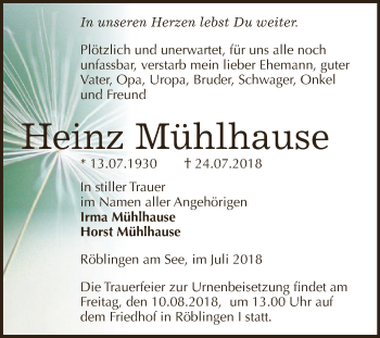 Traueranzeige von Heinz Mühlhause von Super Sonntag SGH Mansf. Land