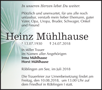 Traueranzeige von Heinz Mühlhause von Mitteldeutsche Zeitung