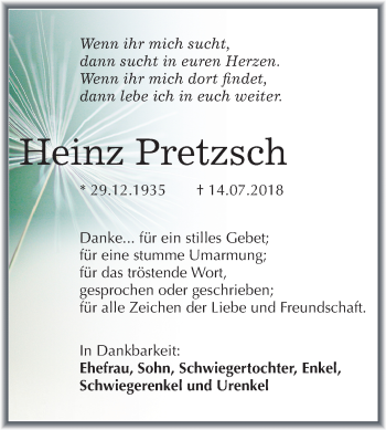 Traueranzeige von Heinz Pretzsch von Mitteldeutsche Zeitung Halle/Saalkreis