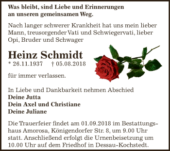 Traueranzeige von Heinz Schmidt von WVG - Wochenspiegel Dessau / Köthen