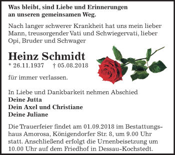 Traueranzeige von Heinz Schmidt von Mitteldeutsche Zeitung Dessau-Roßlau