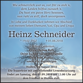 Traueranzeige von Heinz Schneider von Mitteldeutsche Zeitung Bitterfeld