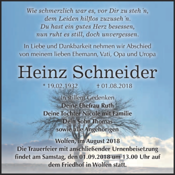 Traueranzeige von Heinz Schneider von WVG - Wochenspiegel Bitterfeld