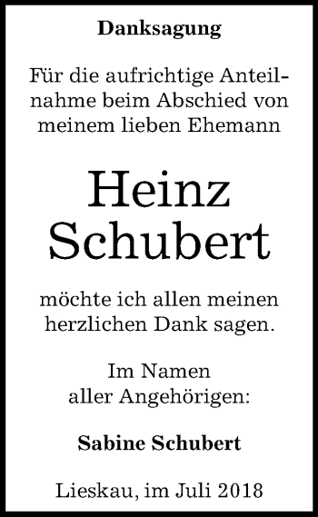 Traueranzeige von Heinz Schubert von Mitteldeutsche Zeitung Halle/Saalkreis