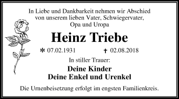 Traueranzeige von Heinz Triebe von Mitteldeutsche Zeitung