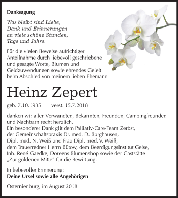 Traueranzeige von Heinz Zepert von Mitteldeutsche Zeitung Köthen