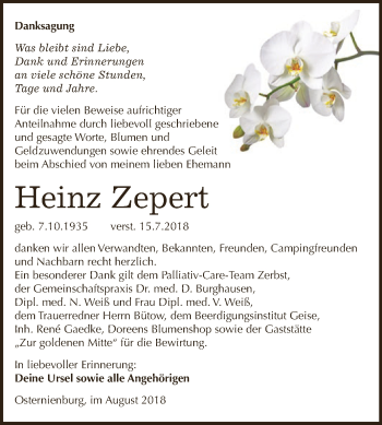 Traueranzeige von Heinz Zepert von WVG - Wochenspiegel Dessau / Köthen