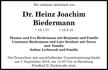 Traueranzeige von Heinz Joachim Biedermann von Mitteldeutsche Zeitung Bernburg