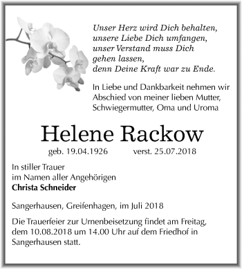 Traueranzeige von Helene Rackow von Mitteldeutsche Zeitung Sangerhausen