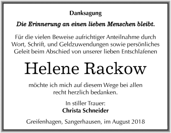 Traueranzeige von Helene Rackow von Mitteldeutsche Zeitung Sangerhausen