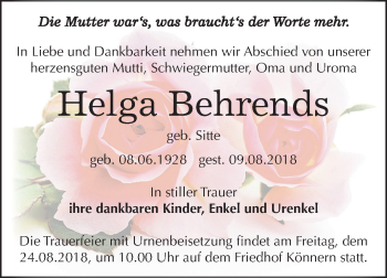 Traueranzeige von Helga Behrends von Mitteldeutsche Zeitung Bernburg