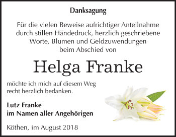 Traueranzeige von Helga Franke von Mitteldeutsche Zeitung