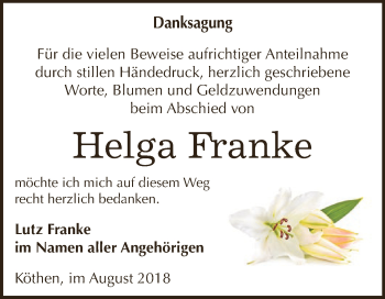 Traueranzeige von Helga Franke von WVG - Wochenspiegel Dessau / Köthen