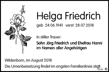 Traueranzeige von Helga Friedrich von Mitteldeutsche Zeitung Zeitz