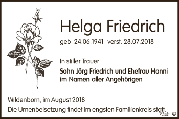 Traueranzeige von Helga Friedrich von Super Sonntag Zeitz