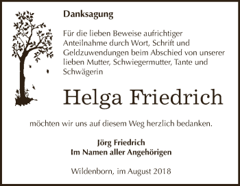 Traueranzeige von Helga Friedrich von Super Sonntag Zeitz