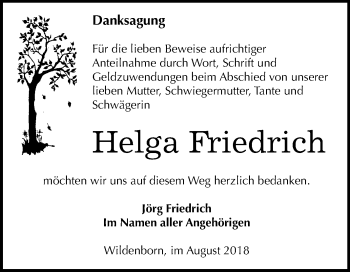 Traueranzeige von Helga Friedrich von Mitteldeutsche Zeitung Zeitz