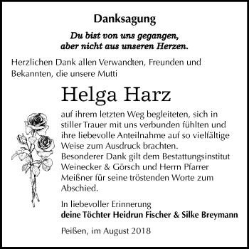 Traueranzeige von Helga Harz von Mitteldeutsche Zeitung Bernburg