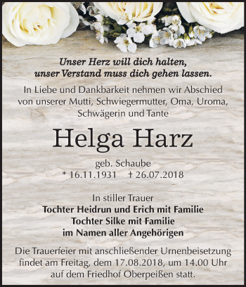 Traueranzeige von Helga Harz von Mitteldeutsche Zeitung Bernburg