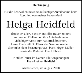 Traueranzeige von Helga Heidfeld von Mitteldeutsche Zeitung Aschersleben