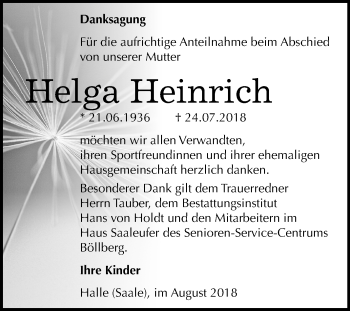 Traueranzeige von Helga Heinrich von Mitteldeutsche Zeitung Halle/Saalkreis