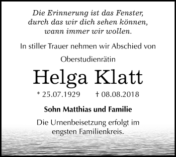Traueranzeige von Helga Klatt von Mitteldeutsche Zeitung Merseburg/Querfurt