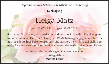 Traueranzeige von Helga Matz von Mitteldeutsche Zeitung Bitterfeld