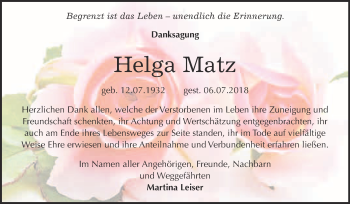 Traueranzeige von Helga Matz von WVG - Wochenspiegel Bitterfeld