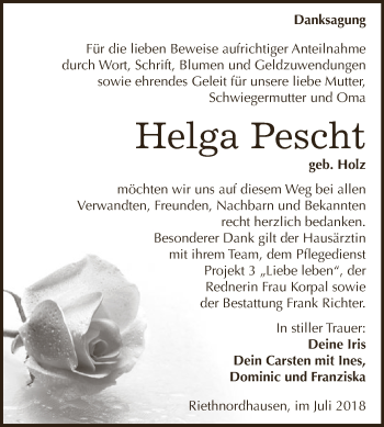 Traueranzeige von Helga Pescht von Super Sonntag SGH Mansf. Land