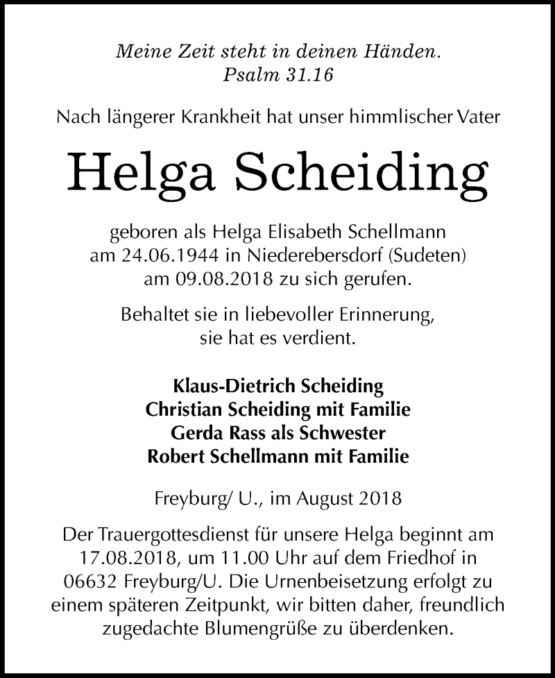  Traueranzeige für Helga Scheiding vom 14.08.2018 aus Mitteldeutsche Zeitung