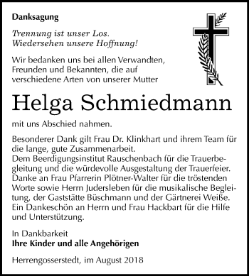 Traueranzeige von Helga Schmiedmann von Mitteldeutsche Zeitung