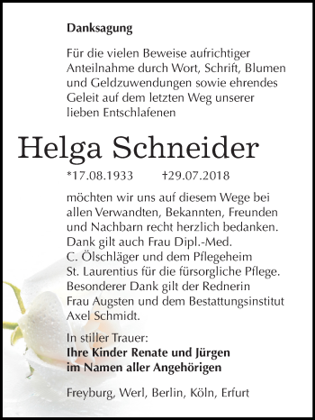 Traueranzeige von Helga Schneider von Mitteldeutsche Zeitung