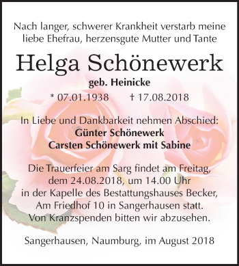 Traueranzeige von Helga Schönewerk von Mitteldeutsche Zeitung Sangerhausen