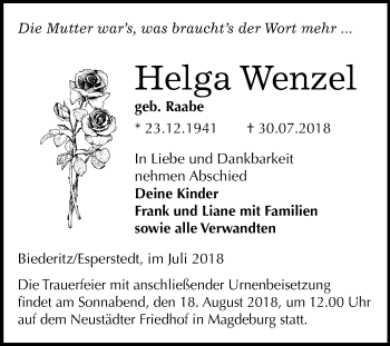 Traueranzeige von Helga Wenzel von Mitteldeutsche Zeitung