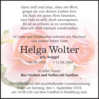 Traueranzeige von Helga Wolter von Mitteldeutsche Zeitung Halle/Saalkreis